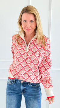 Tri-Bloom Zip Mock Sweater-Cream/Orange-140 Sweaters-&MERCI-Coastal Bloom Boutique, find the trendiest versions of the popular styles and looks Located in Indialantic, FL