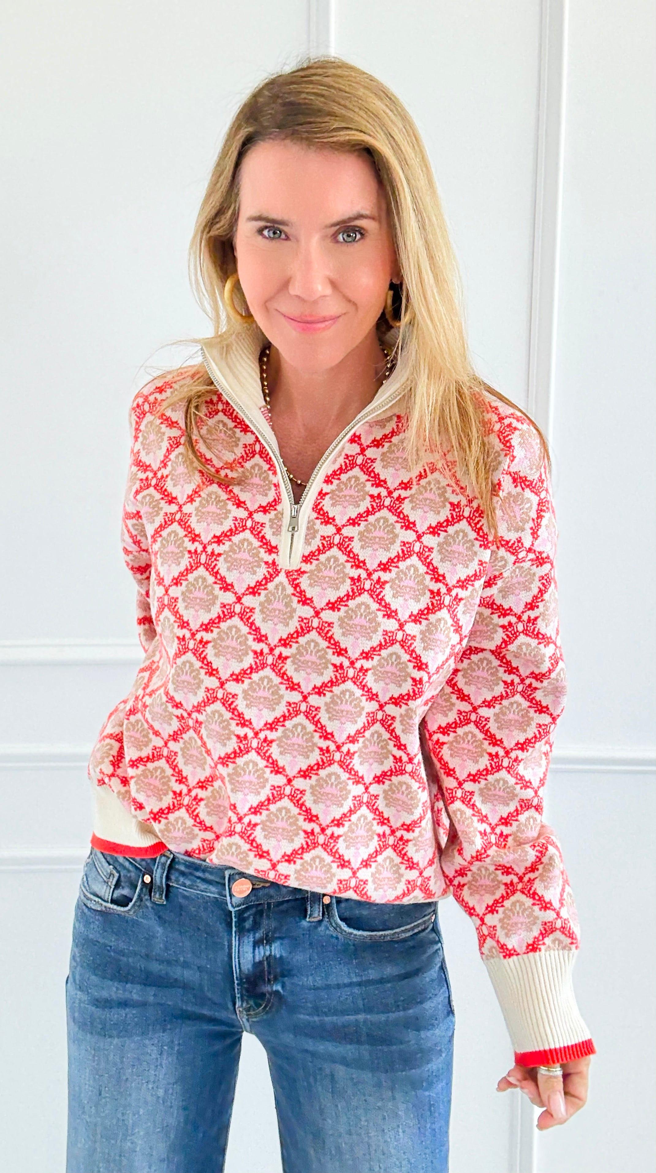 Tri-Bloom Zip Mock Sweater-Cream/Orange-140 Sweaters-&MERCI-Coastal Bloom Boutique, find the trendiest versions of the popular styles and looks Located in Indialantic, FL