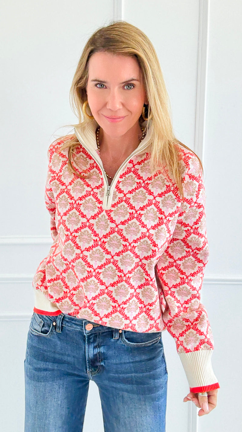 Tri-Bloom Zip Mock Sweater-Cream/Orange-140 Sweaters-&MERCI-Coastal Bloom Boutique, find the trendiest versions of the popular styles and looks Located in Indialantic, FL