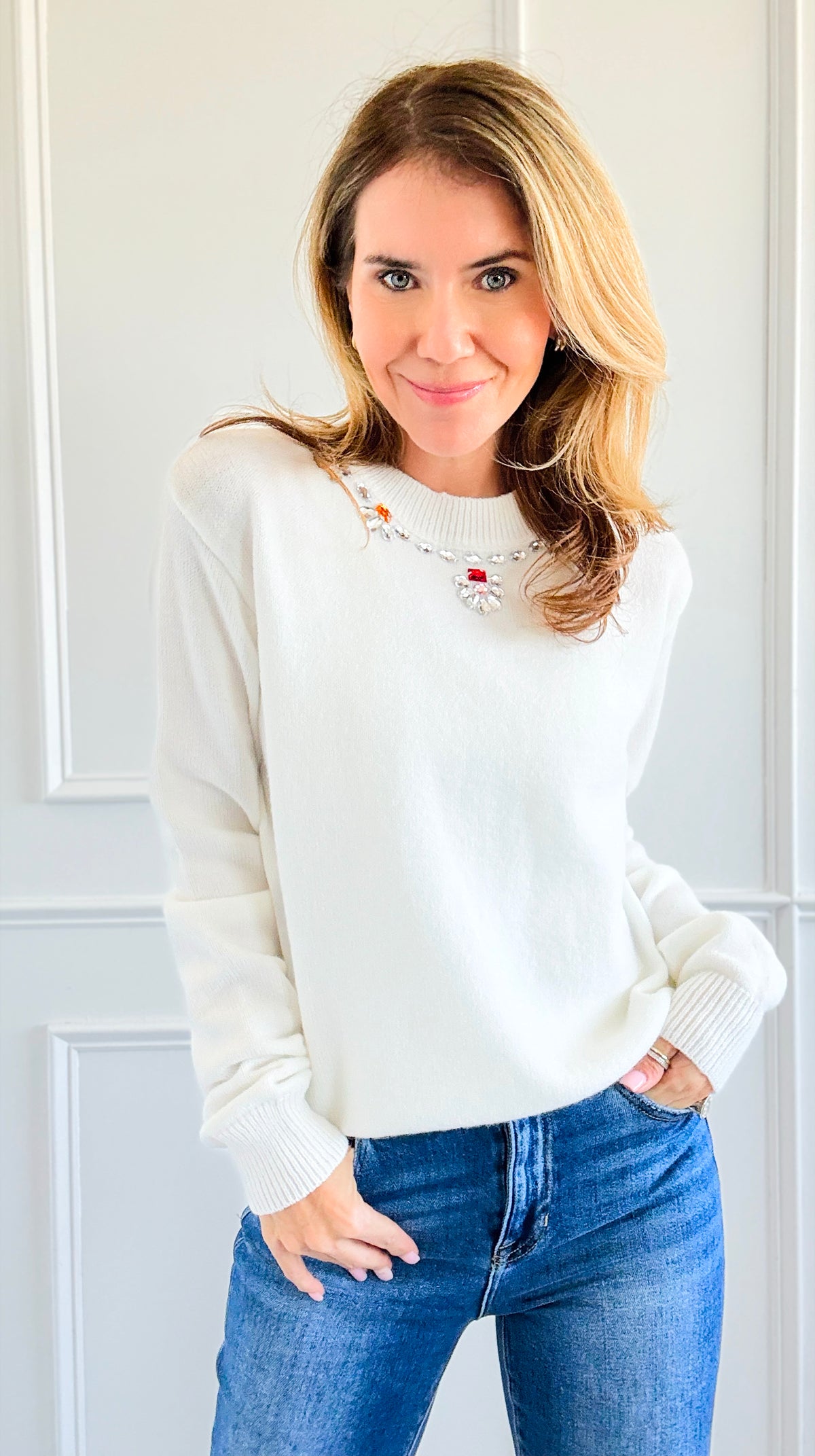 Floral Embroidered Neckline Sweater-140 Sweaters-Rousseau-Coastal Bloom Boutique, find the trendiest versions of the popular styles and looks Located in Indialantic, FL