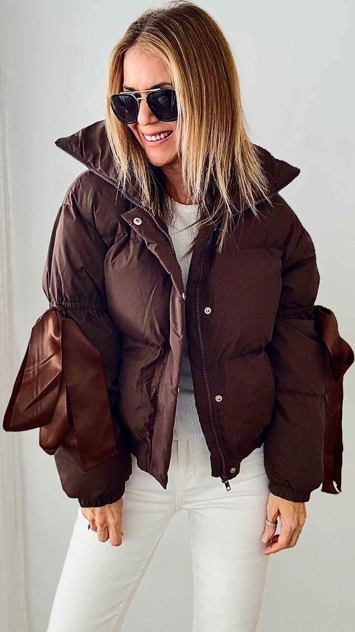 Bow Detail Puffer Jacket- Chocolate-160 Jackets-TCEC-Coastal Bloom Boutique, find the trendiest versions of the popular styles and looks Located in Indialantic, FL