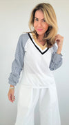 Riviera V-Neck Stripe Blouse-130 Long Sleeve Tops-Chasing Bandits-Coastal Bloom Boutique, find the trendiest versions of the popular styles and looks Located in Indialantic, FL