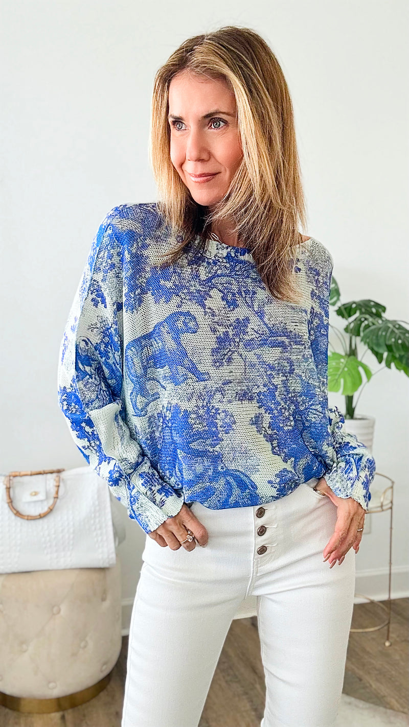 Adiorable Toile Italian St Tropez Sweater - Blue-140 Sweaters-Germany-Coastal Bloom Boutique, find the trendiest versions of the popular styles and looks Located in Indialantic, FL