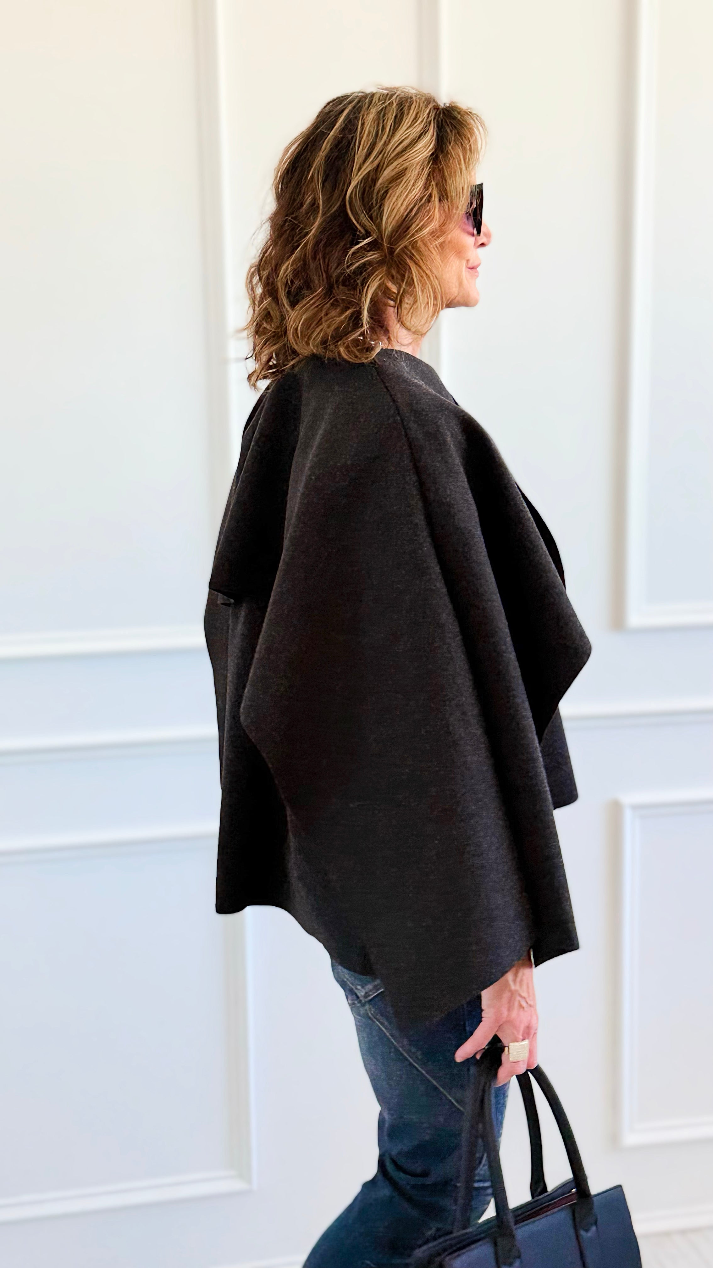 Modern & Elegance Italian Shawl Jacket- Black-150 Cardigans/Layers-SEE YOU IN ROME-Coastal Bloom Boutique, find the trendiest versions of the popular styles and looks Located in Indialantic, FL