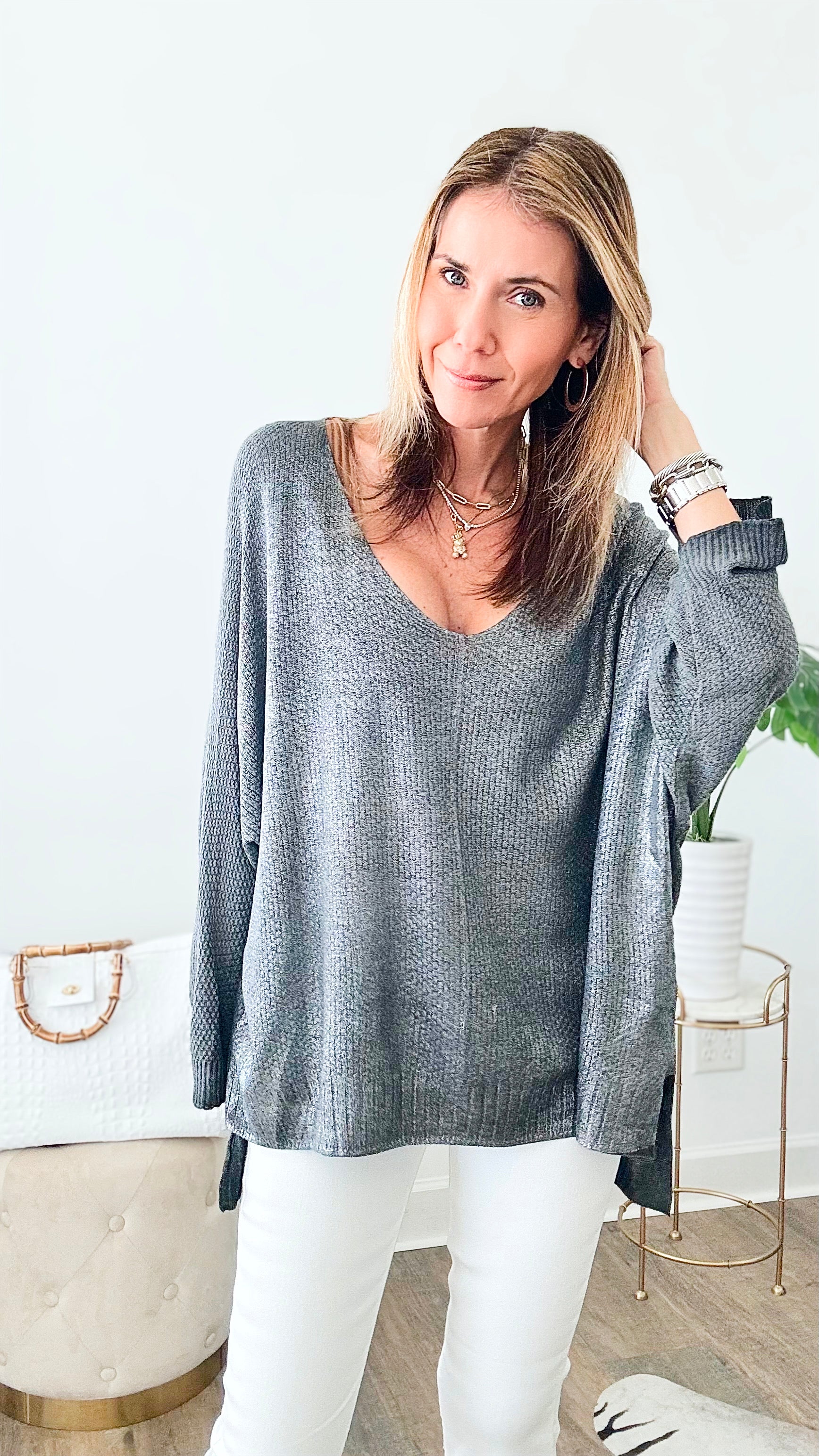 Shimmer Front Italian Sweater - Dark Grey-140 Sweaters-moda italia-Coastal Bloom Boutique, find the trendiest versions of the popular styles and looks Located in Indialantic, FL