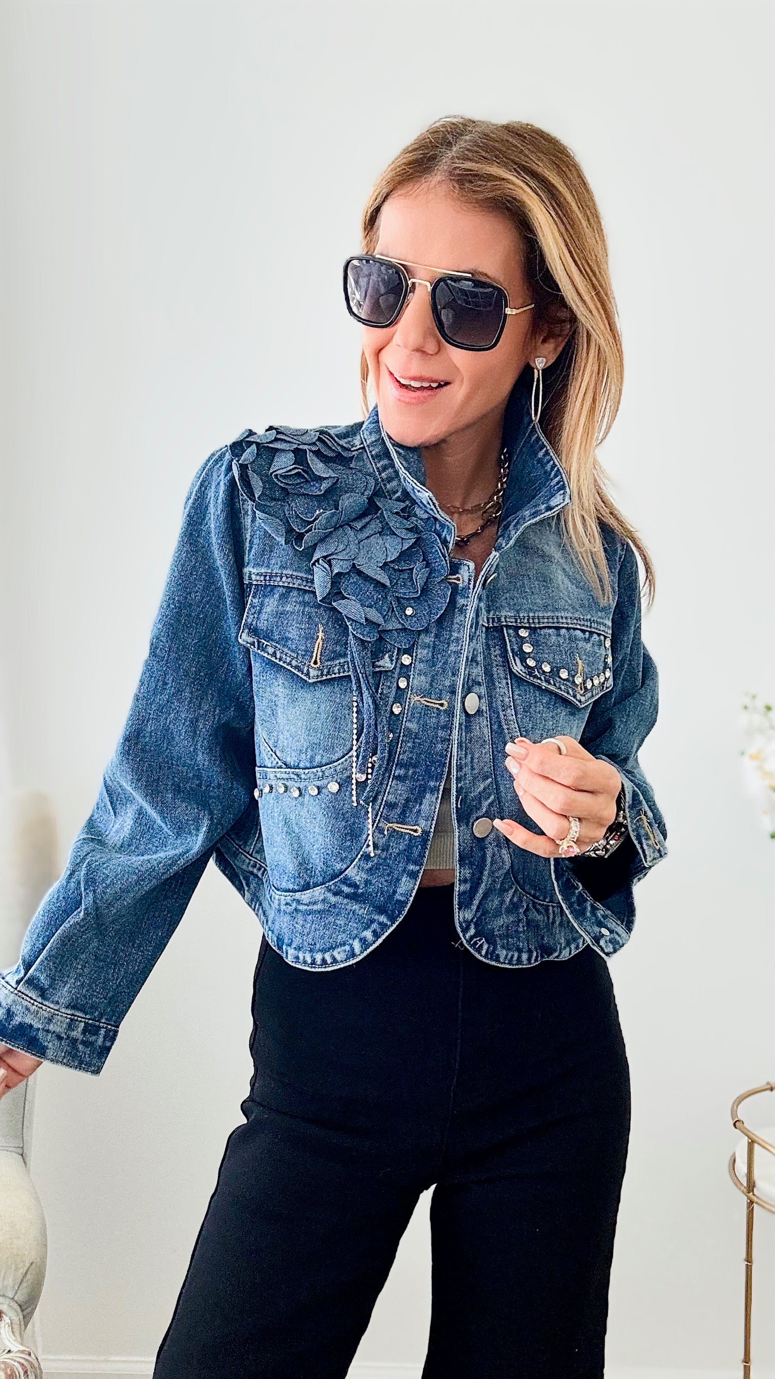 Radiant Blossom Denim Jacket - Light Denim-160 Jackets-pastel design-Coastal Bloom Boutique, find the trendiest versions of the popular styles and looks Located in Indialantic, FL