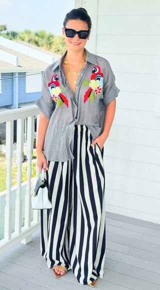 Tropical Bloom Parrot Embroidered Italian Button Top- Heather Grey