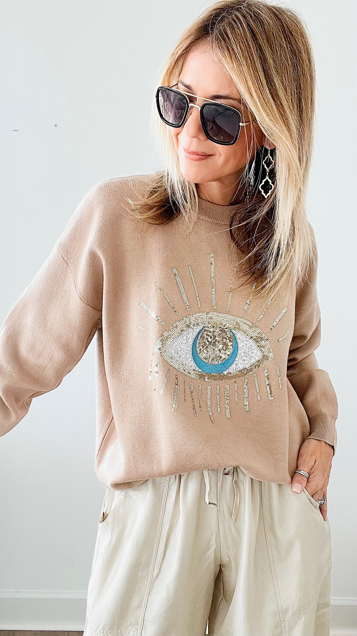 The Eyes Have It Italian Pullover - Camel-140 Sweaters-Yolly-Coastal Bloom Boutique, find the trendiest versions of the popular styles and looks Located in Indialantic, FL