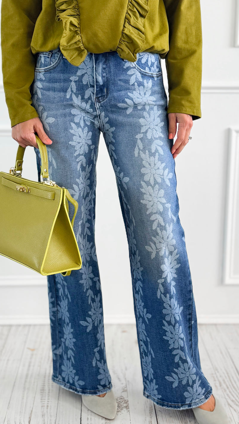 Floral Wide-Leg Denim Pants-170 Bottoms-Anniewear-Coastal Bloom Boutique, find the trendiest versions of the popular styles and looks Located in Indialantic, FL