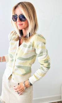 Pastel Sage Camouflage Cardigan-130 Long Sleeve Tops-ROUSSEAU-Coastal Bloom Boutique, find the trendiest versions of the popular styles and looks Located in Indialantic, FL