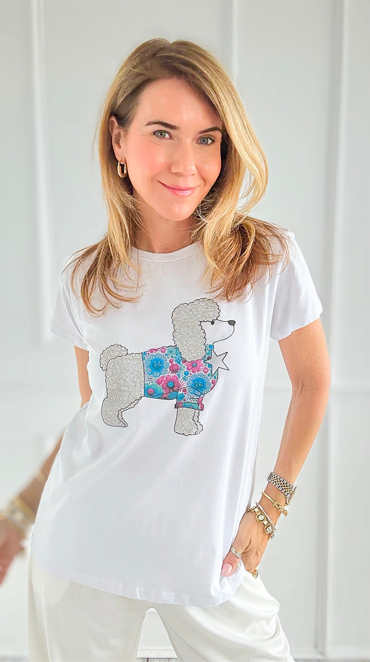 Poodle & Petals Italian Graphic tee-110 short Sleeve Top-V SKY-Coastal Bloom Boutique, find the trendiest versions of the popular styles and looks Located in Indialantic, FL