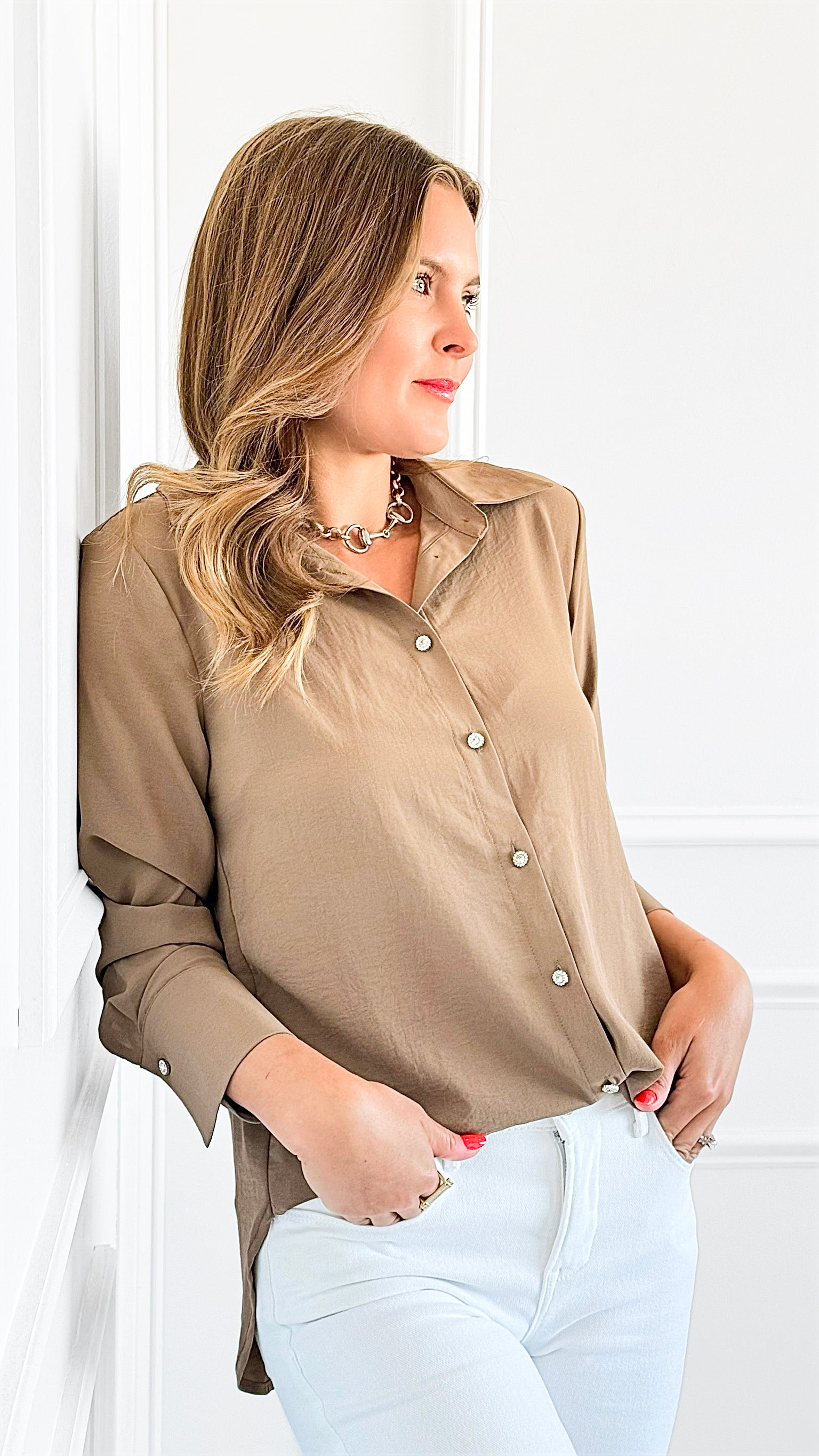 Sierra Luxe Button Down Top - Tan-130 Long Sleeve Tops-Must Have-Coastal Bloom Boutique, find the trendiest versions of the popular styles and looks Located in Indialantic, FL