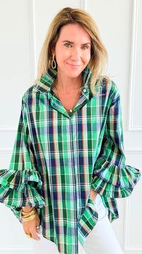 Tartan Ruffle Bell Sleeve Italian Blouse-170 Bottoms-TATTOO Z-Coastal Bloom Boutique, find the trendiest versions of the popular styles and looks Located in Indialantic, FL