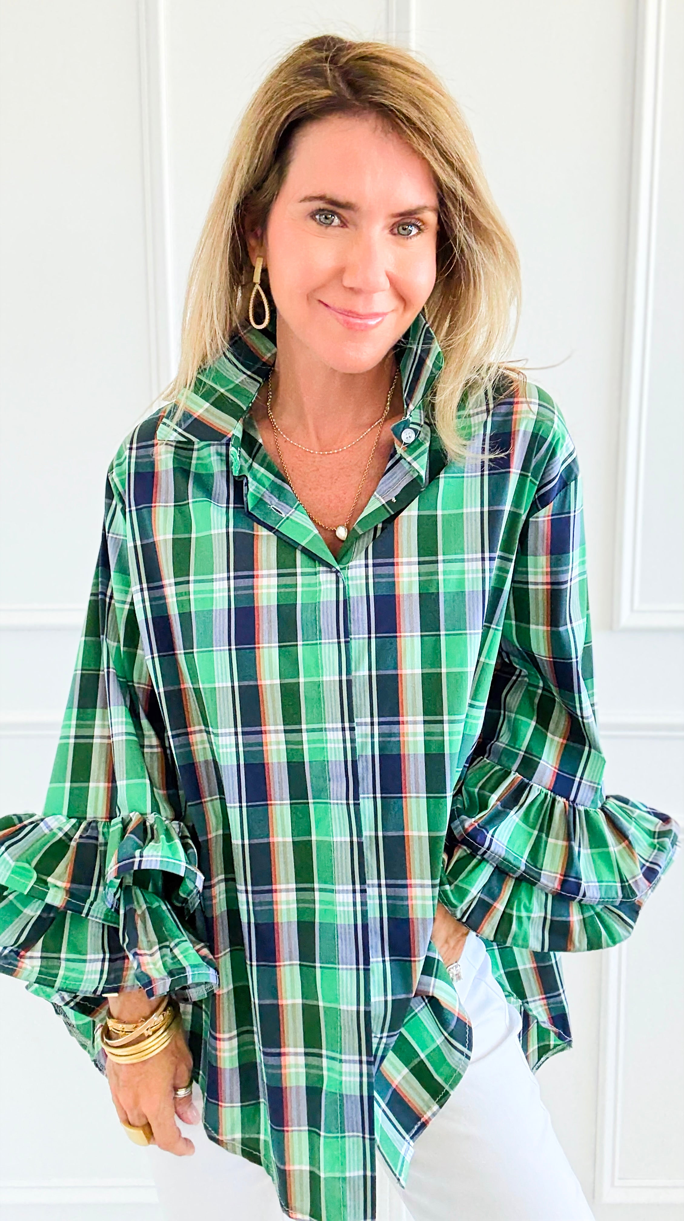 Tartan Ruffle Bell Sleeve Italian Blouse-170 Bottoms-TATTOO Z-Coastal Bloom Boutique, find the trendiest versions of the popular styles and looks Located in Indialantic, FL
