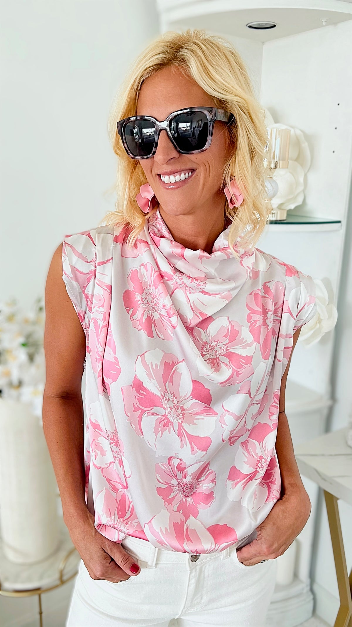 Fallin for Florals Cowl Satin Blouse-100 Sleeveless Tops-Andree By Unit-Coastal Bloom Boutique, find the trendiest versions of the popular styles and looks Located in Indialantic, FL