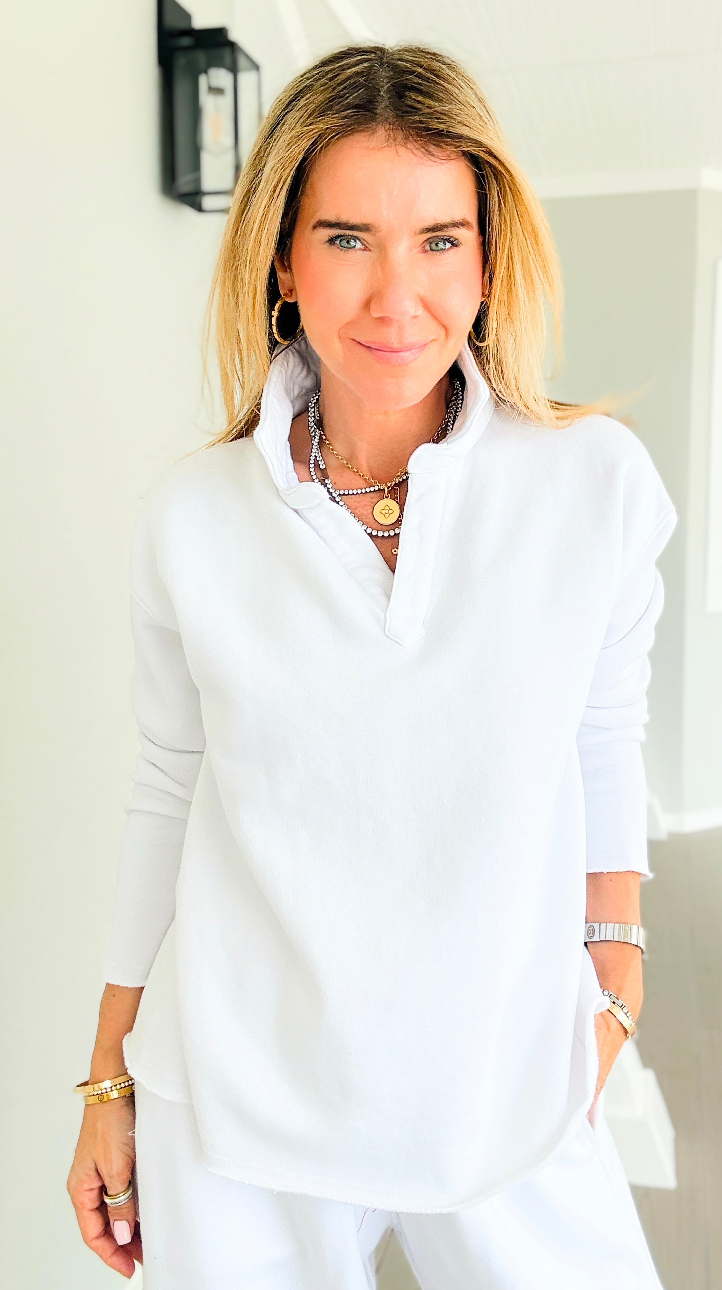 Eileen Collar Pullover Top -  White