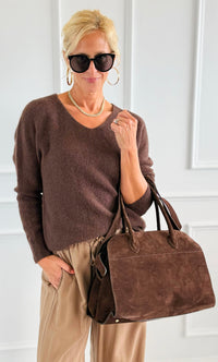 Cloud V-Neck Italian Knit Sweater- Brown-140 Sweaters-Aute-Coastal Bloom Boutique, find the trendiest versions of the popular styles and looks Located in Indialantic, FL