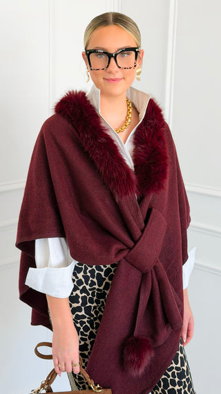 Fur Collar Wrap Poncho - Burgundy