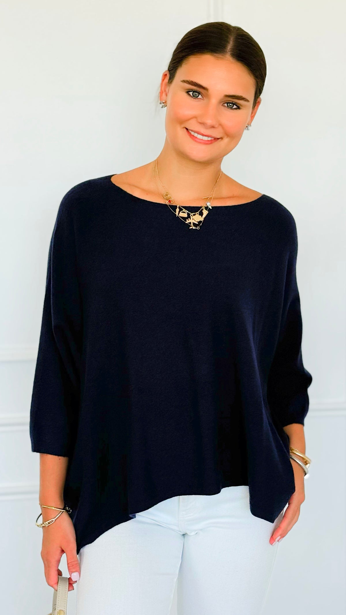 Ease & Flow Italian Dolman Sleeve Sweater-Navy-140 Sweaters-Italianissimo-Coastal Bloom Boutique, find the trendiest versions of the popular styles and looks Located in Indialantic, FL