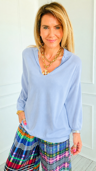 Easy Living Max Collared Italian Knit Top- Sky Blue
