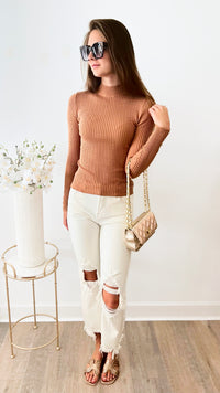 Mock Neck Ribbed Camel Long Sleeve Top-140 Sweaters-LOVE TREE-Coastal Bloom Boutique, find the trendiest versions of the popular styles and looks Located in Indialantic, FL