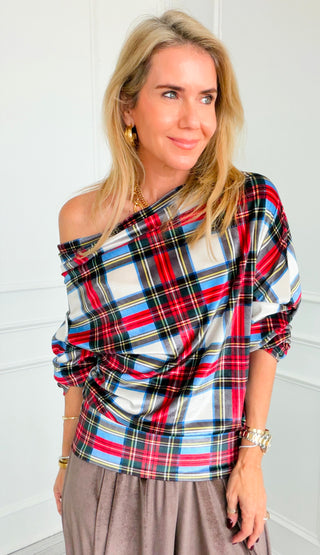 Plaid & Polished Off Shoulder Italian Top- White