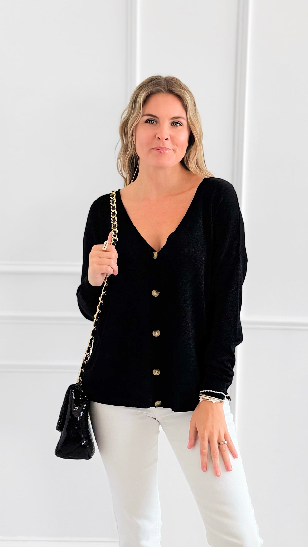 Lurex Aura Italian Cardigan-Black-150 Cardigans/Layers-LY PARIS-Coastal Bloom Boutique, find the trendiest versions of the popular styles and looks Located in Indialantic, FL