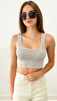 Washed Ribbed Square Neck Cropped With Bra Pads - Light Grey-220 Intimates-Zenana-Coastal Bloom Boutique, find the trendiest versions of the popular styles and looks Located in Indialantic, FL