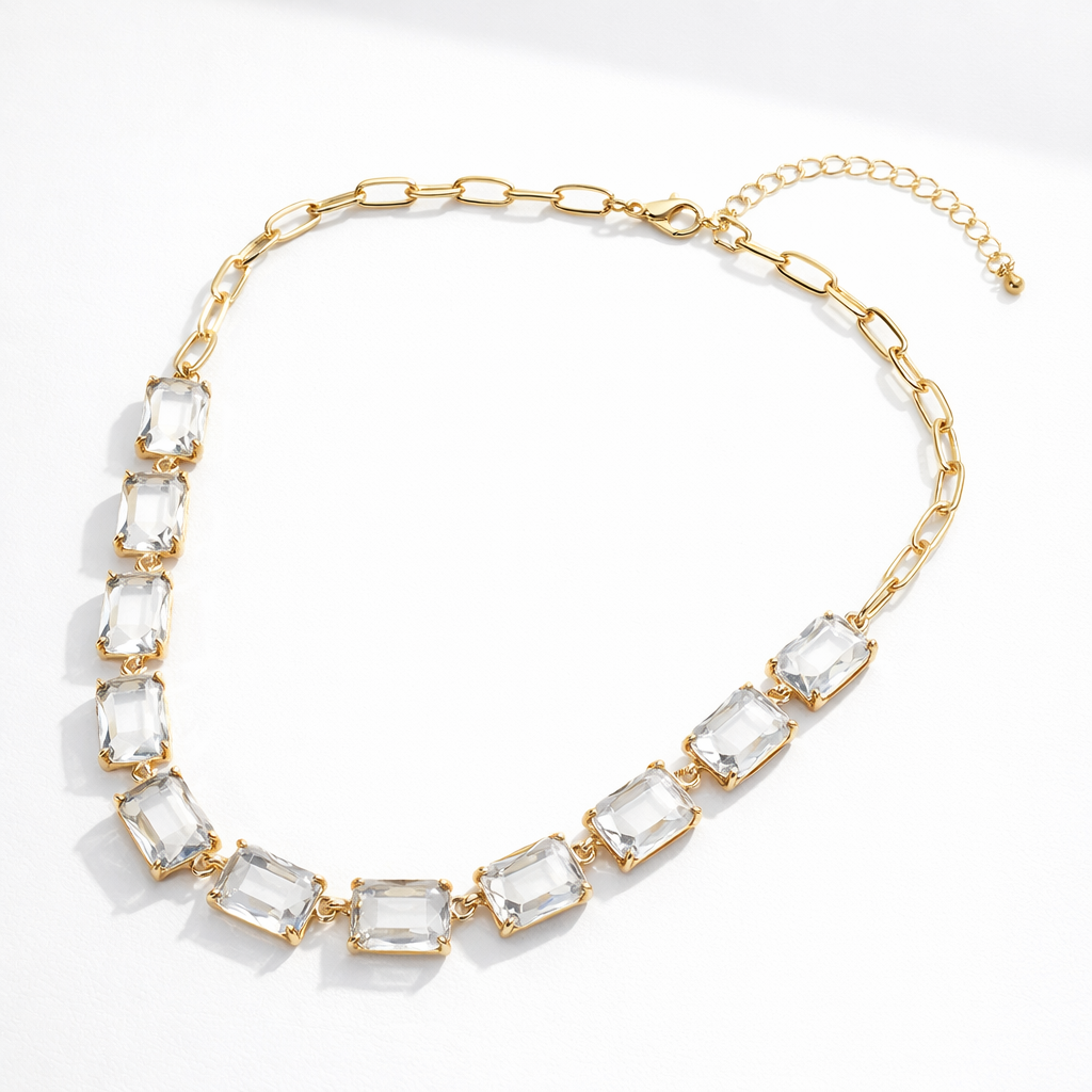Luminous Gemstone Linked Necklace - Clear, Gold