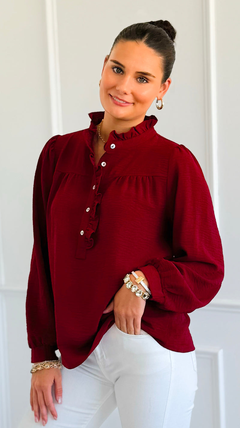 Victorian Muse Ruffle Top - Burgundy-130 Long Sleeve Tops-JODIFL-Coastal Bloom Boutique, find the trendiest versions of the popular styles and looks Located in Indialantic, FL