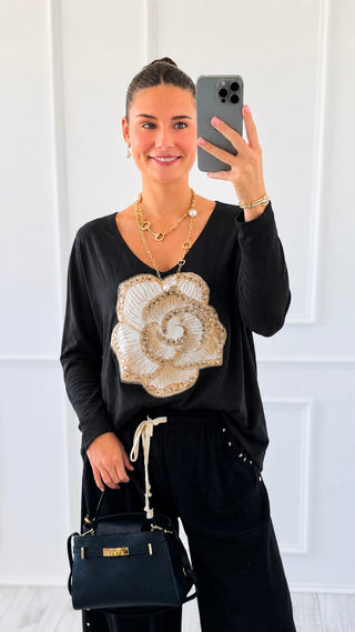 Golden Bloom Embellished V-Neck Italian Knit Top