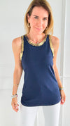 Metallic Foil Detailed Ribbed Italian Tank - Gold/Navy-100 Sleeveless Tops-Italianissimo-Coastal Bloom Boutique, find the trendiest versions of the popular styles and looks Located in Indialantic, FL