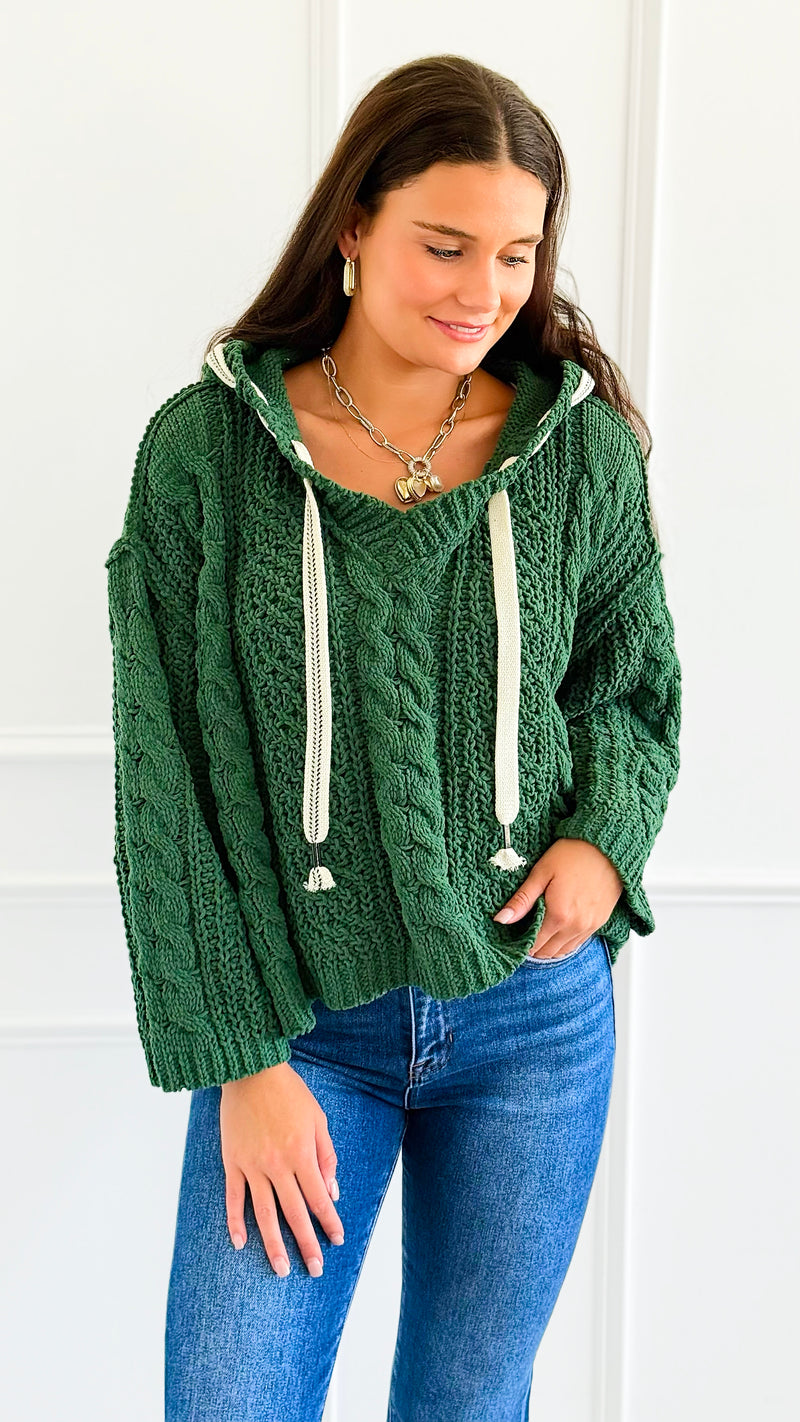 Seaside Breeze Hooded Chenille Sweater - Dark Green-140 Sweaters-Zenana-Coastal Bloom Boutique, find the trendiest versions of the popular styles and looks Located in Indialantic, FL