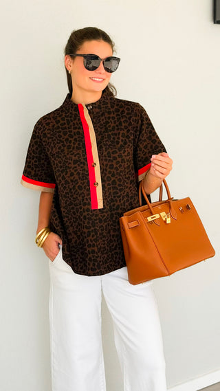 Leopard Print Contrast Trim Top - Brown