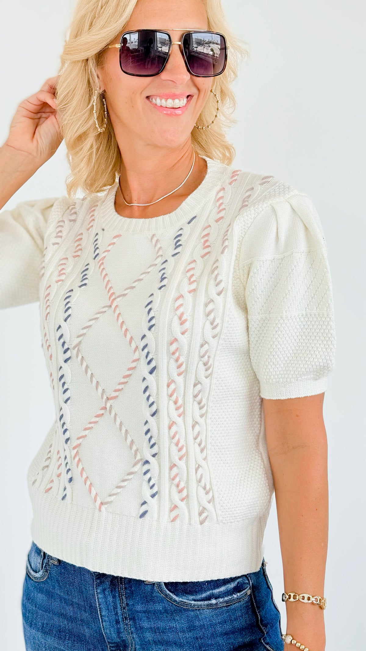 Multi Cable Stitch Knit Top-140 Sweaters-Anniewear-Coastal Bloom Boutique, find the trendiest versions of the popular styles and looks Located in Indialantic, FL