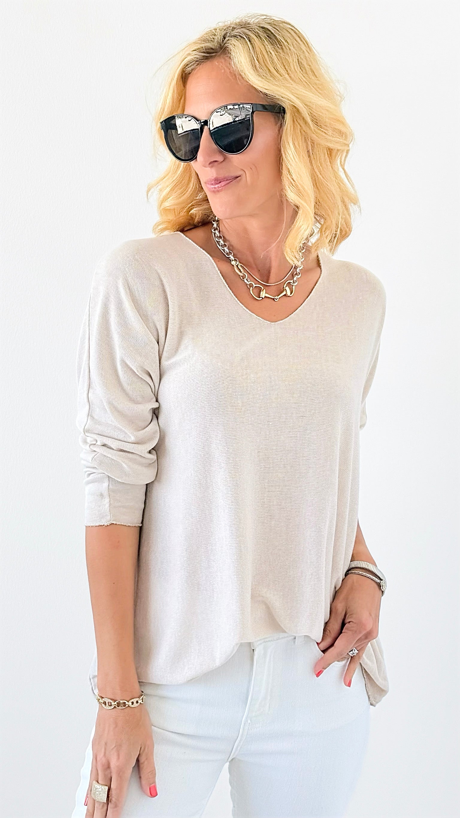 Relaxed Recoleta Lurex Trim Italian Top - Beige-130 Long Sleeve Tops-Italianissimo-Coastal Bloom Boutique, find the trendiest versions of the popular styles and looks Located in Indialantic, FL