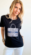 Adorable Toile Bag Print T-Shirt - Black-110 Short Sleeve Tops-Chasing Bandits-Coastal Bloom Boutique, find the trendiest versions of the popular styles and looks Located in Indialantic, FL