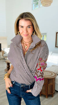 Striped & Bloom Embroidery Sleeve Italian Blouse-110 Long Sleeve Tops-TATTOO Z-Coastal Bloom Boutique, find the trendiest versions of the popular styles and looks Located in Indialantic, FL