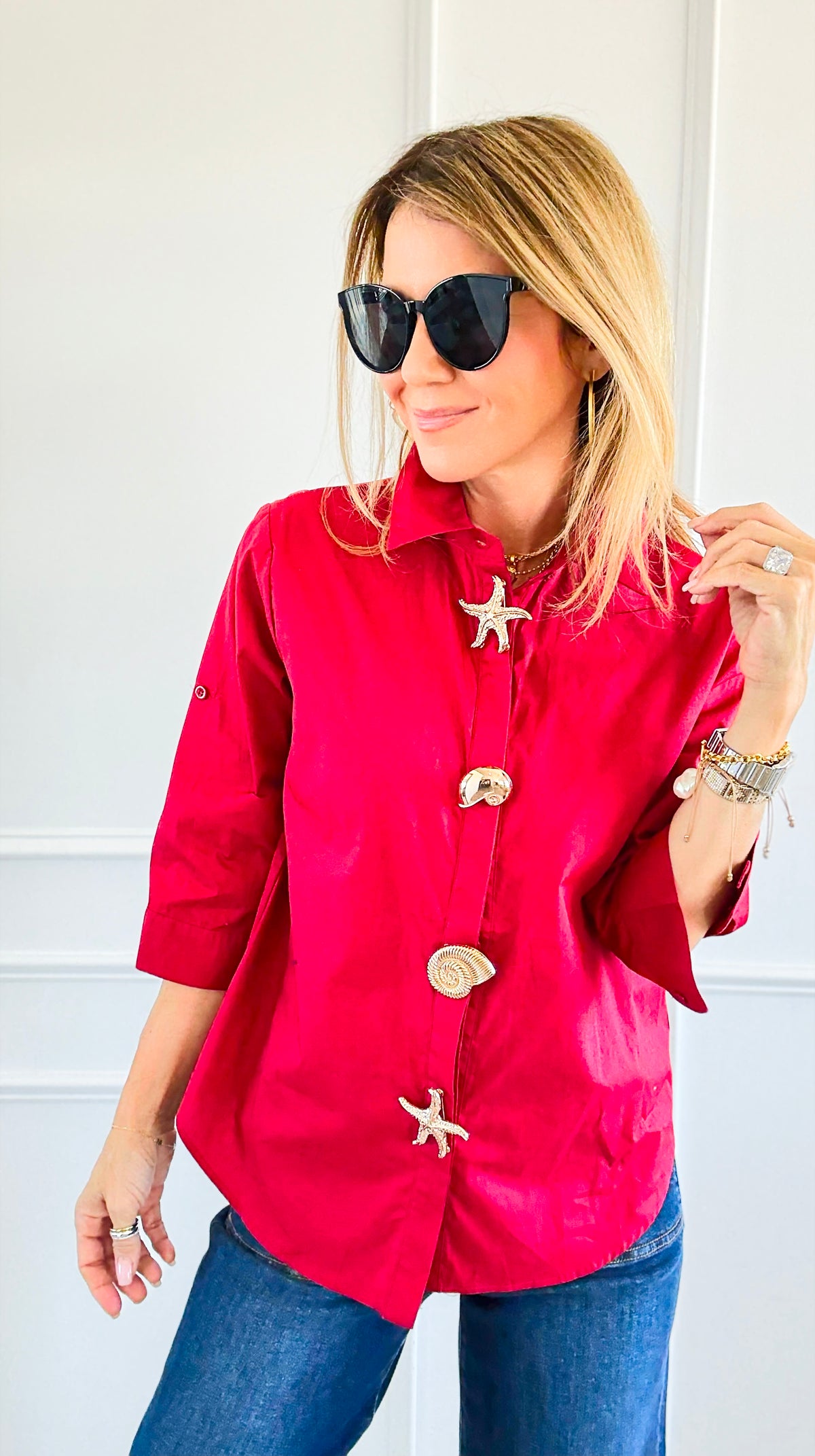 Starfish Accent Half Sleeve Blouse- Red-130 Long Sleeve Tops-PASTEL DESIGN-Coastal Bloom Boutique, find the trendiest versions of the popular styles and looks Located in Indialantic, FL