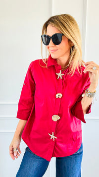 Starfish Accent Half Sleeve Blouse- Red-130 Long Sleeve Tops-PASTEL DESIGN-Coastal Bloom Boutique, find the trendiest versions of the popular styles and looks Located in Indialantic, FL