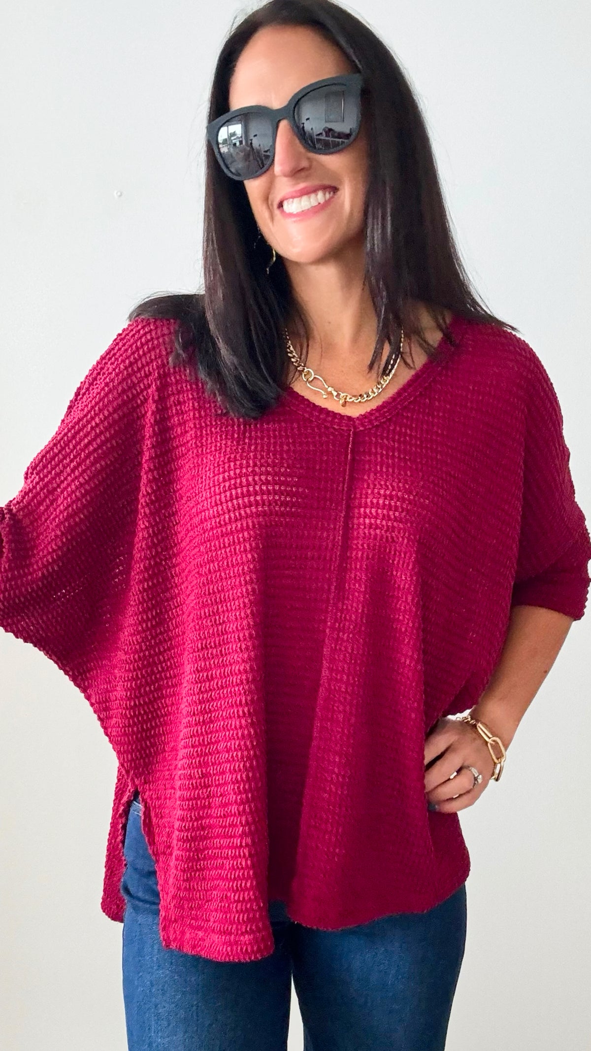 Hi-Low Hem Jacquard Sweater - Cabernet-140 Sweaters-Zenana-Coastal Bloom Boutique, find the trendiest versions of the popular styles and looks Located in Indialantic, FL
