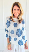 Noir Petals Short Sleeve Italian St Tropez Knit- Blue-140 Sweaters-Italianissimo-Coastal Bloom Boutique, find the trendiest versions of the popular styles and looks Located in Indialantic, FL