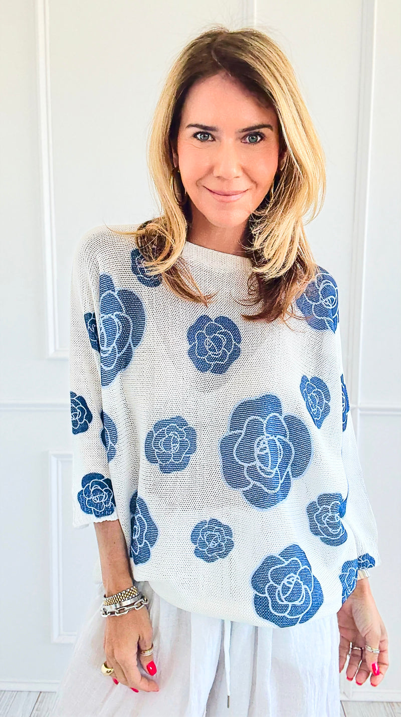 Noir Petals Short Sleeve Italian St Tropez Knit- Blue-140 Sweaters-Italianissimo-Coastal Bloom Boutique, find the trendiest versions of the popular styles and looks Located in Indialantic, FL