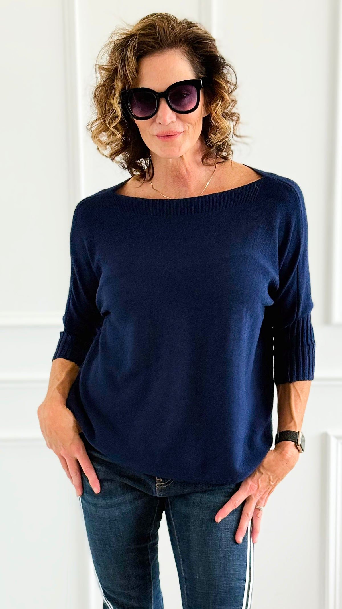 Break Free Round - Neck 3/4 Sleeve Italian Sweater Top - Navy-140 Sweaters-J.D. PRONTO MODA-Coastal Bloom Boutique, find the trendiest versions of the popular styles and looks Located in Indialantic, FL