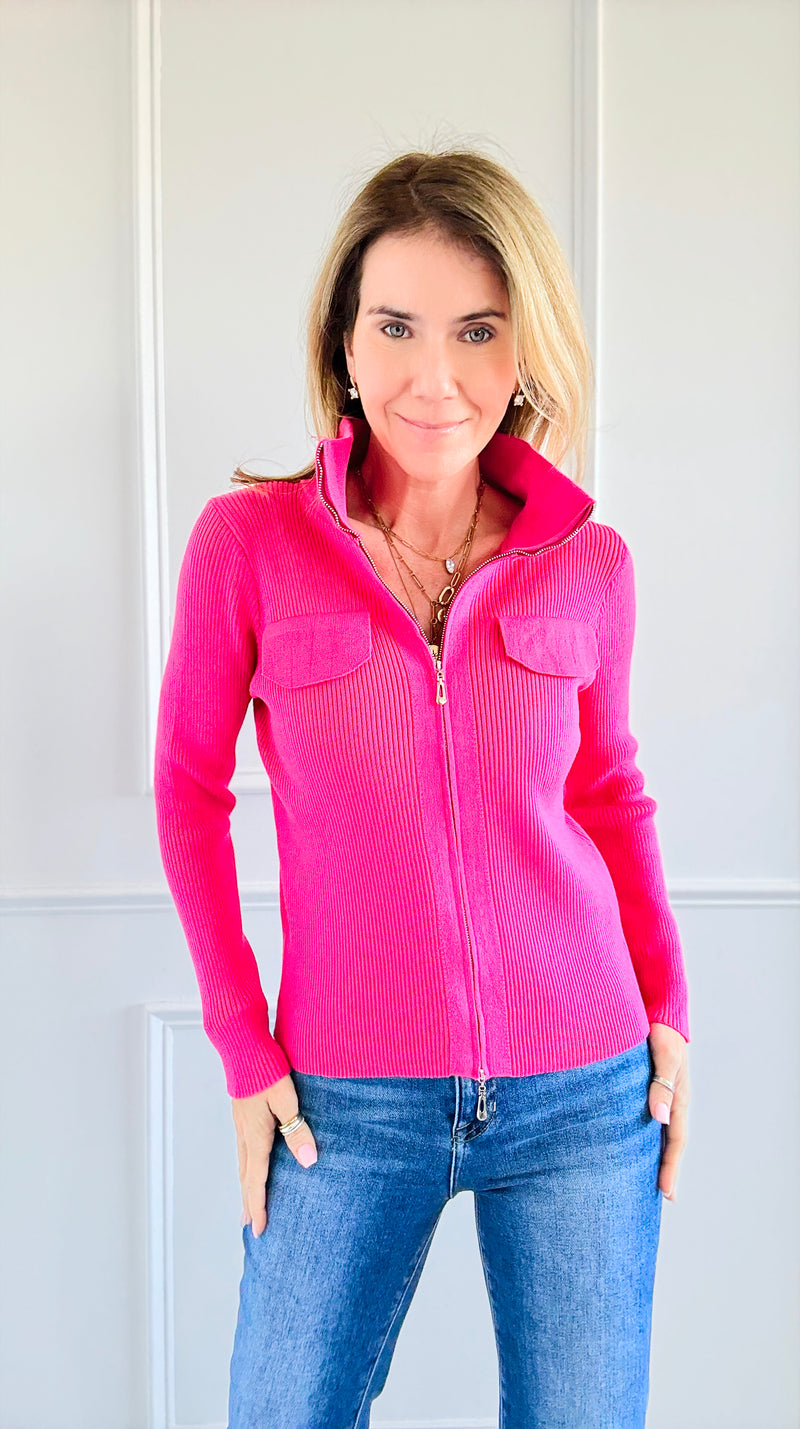 Bold Elegance Zip-Up Knit Top - Fuchsia-130 Long Sleeve Tops-Chasing Bandits-Coastal Bloom Boutique, find the trendiest versions of the popular styles and looks Located in Indialantic, FL