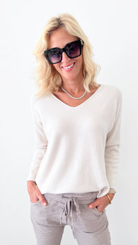 Soho Italian V-Neck Pullover - Ecru-140 Sweaters-Italianissimo-Coastal Bloom Boutique, find the trendiest versions of the popular styles and looks Located in Indialantic, FL