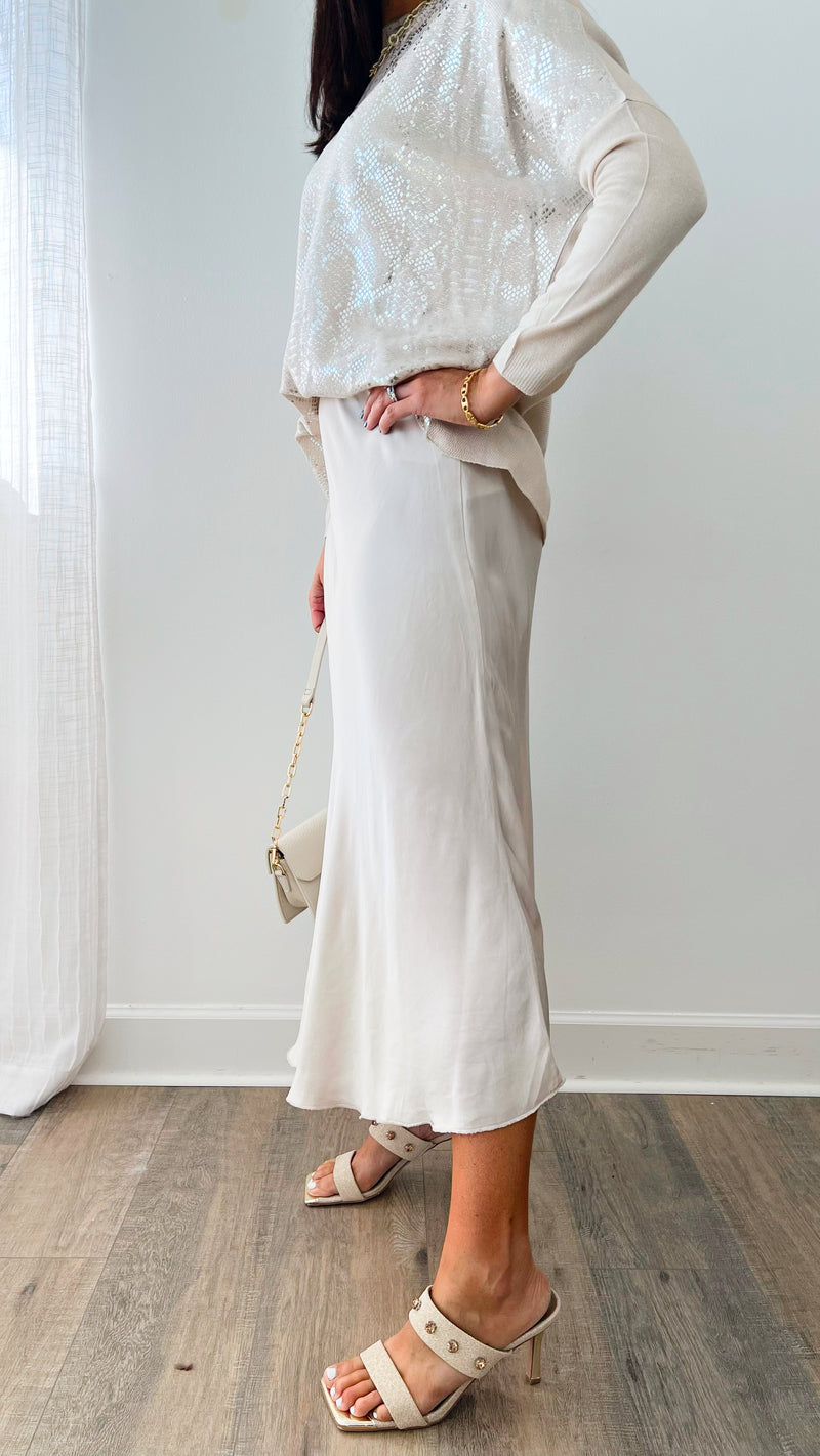 Brooklyn Italian Satin Midi Skirt - Oyster-170 Bottoms-Germany-Coastal Bloom Boutique, find the trendiest versions of the popular styles and looks Located in Indialantic, FL
