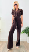 Charm Me Knit Tie Jumpsuit - Chocolate-200 Dresses/Jumpsuits/Rompers-Valentine-Coastal Bloom Boutique, find the trendiest versions of the popular styles and looks Located in Indialantic, FL