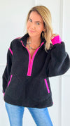 Glow Getter Sherpa Zip Sweatshirt - Black/Neon Pink-130 Long Sleeve Tops-BIBI-Coastal Bloom Boutique, find the trendiest versions of the popular styles and looks Located in Indialantic, FL