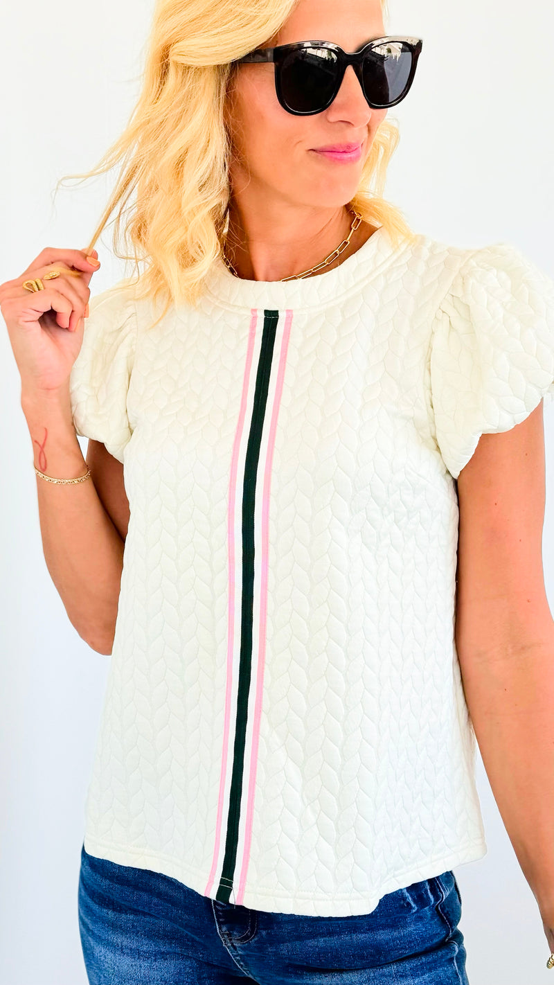 Textured Front Stripped Top - Ivory-110 Short Sleeve Tops-VOY-Coastal Bloom Boutique, find the trendiest versions of the popular styles and looks Located in Indialantic, FL